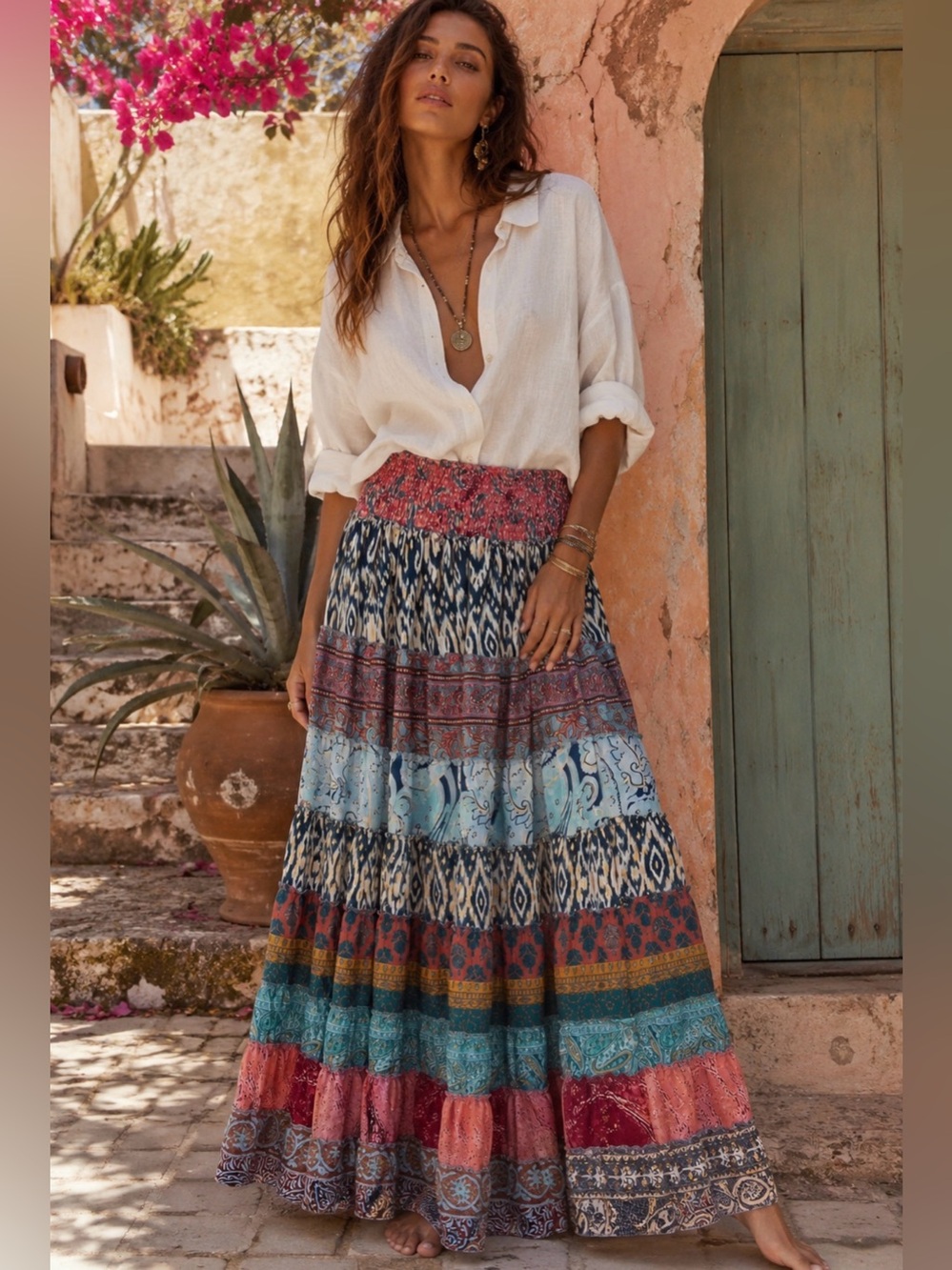 Boho Tiered Maxi Skirt in Multi-Color